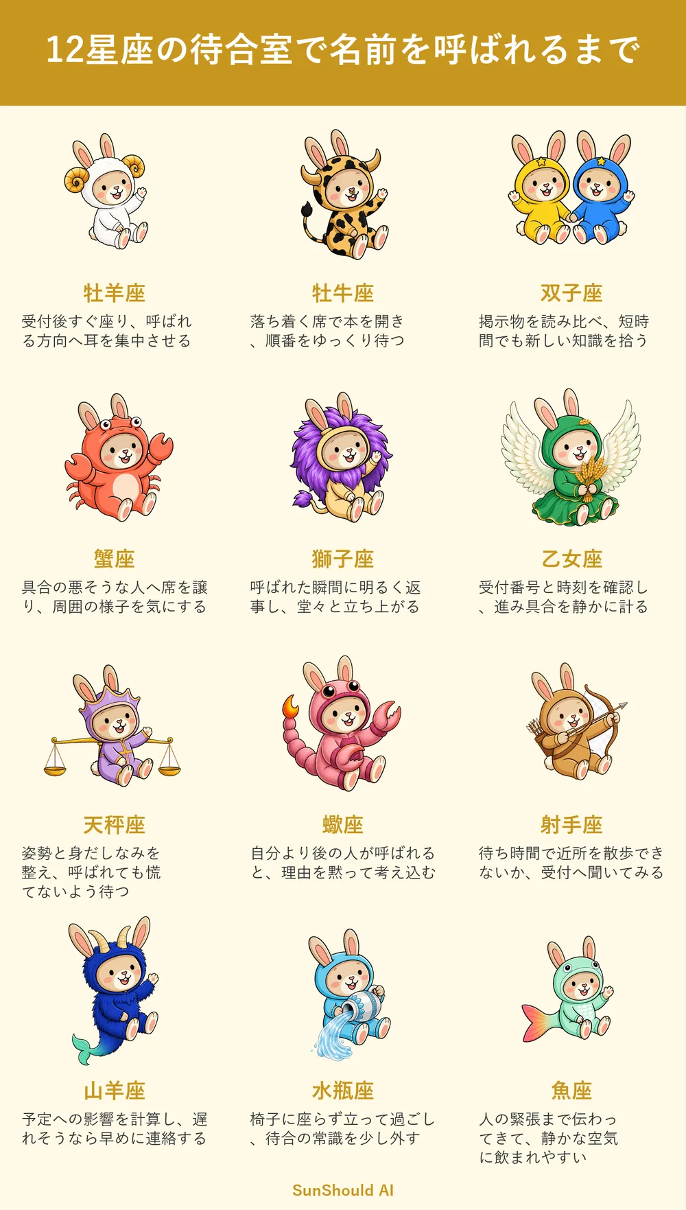 待合室で待つ12星座あるある｜蟹座は席を譲り、水瓶座は立ったまま