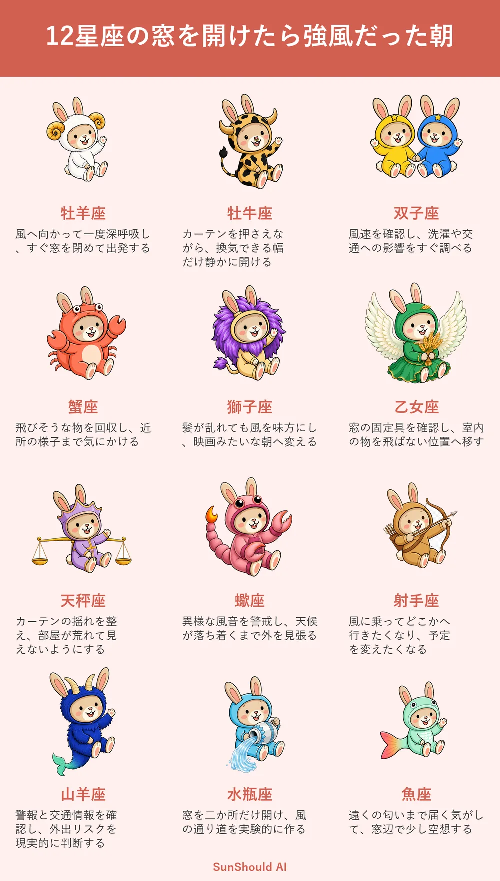 強風の朝の12星座あるある｜獅子座は映画風、山羊座はリスク確認