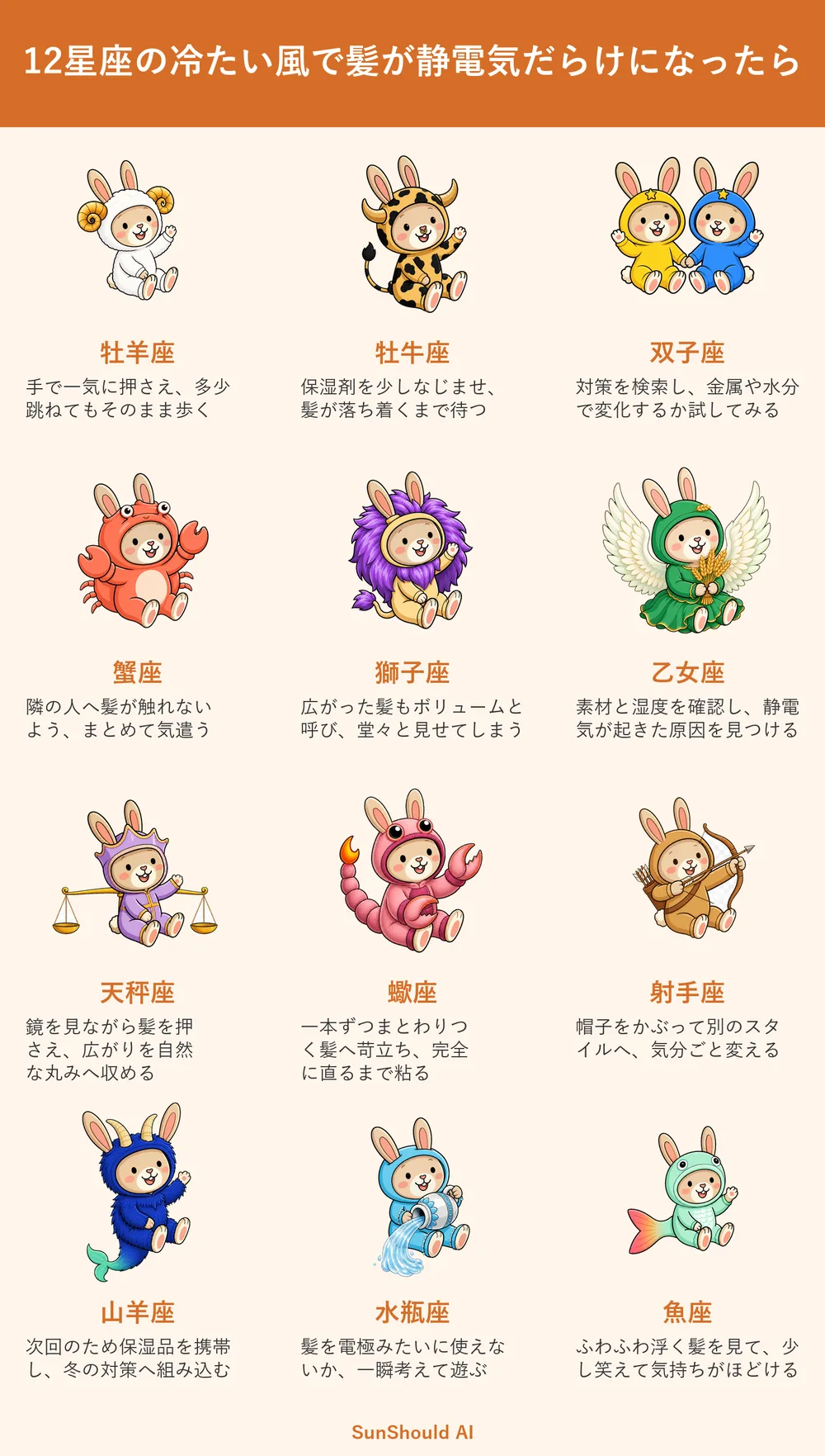 髪が静電気だらけの12星座あるある｜獅子座は堂々、射手座は帽子へ