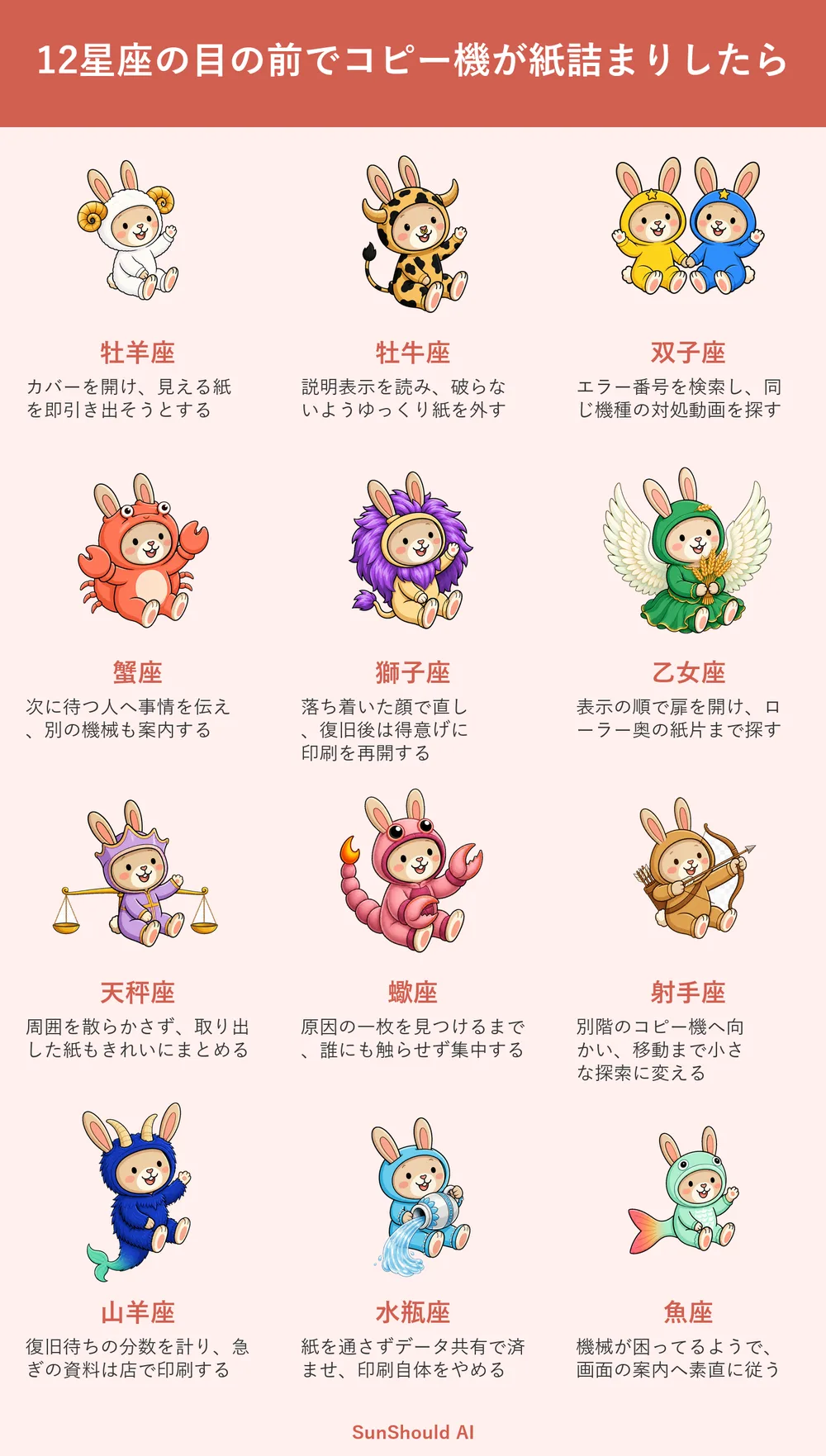 コピー機の紙詰まり12星座あるある｜牡羊座は即対応、水瓶座は印刷中止