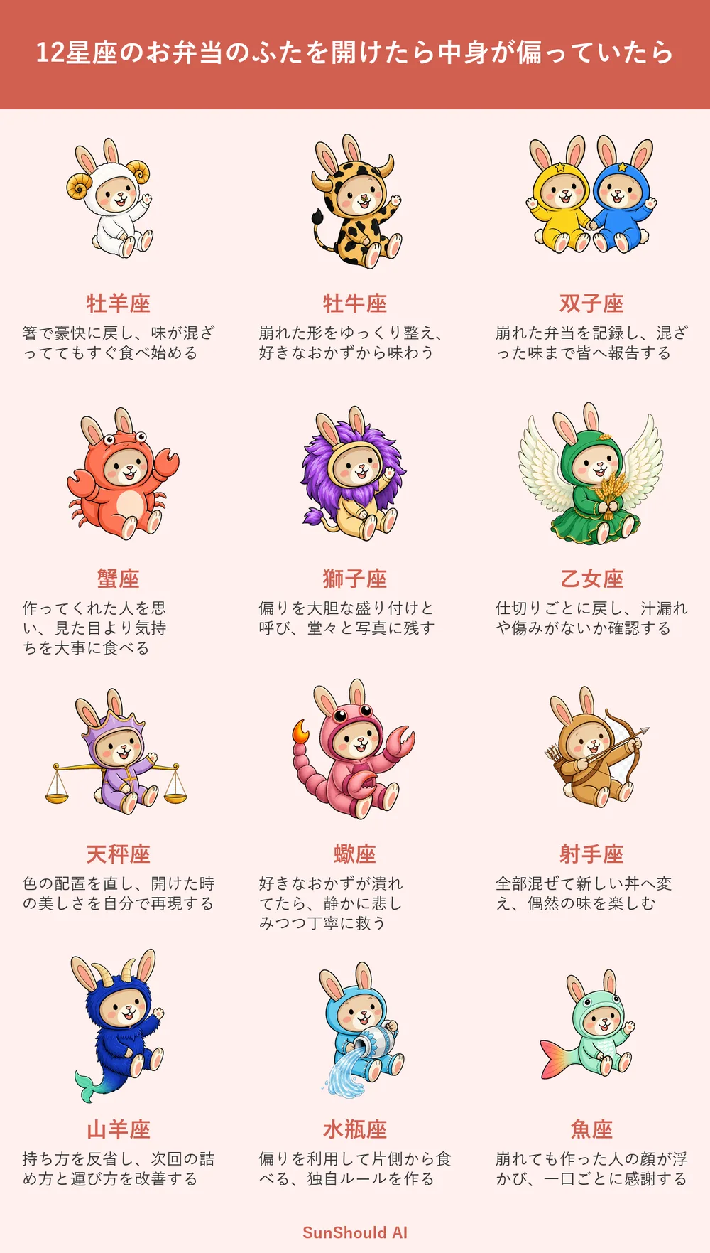 お弁当の中身が偏った12星座あるある｜牡羊座は即食べ、射手座は丼へ
