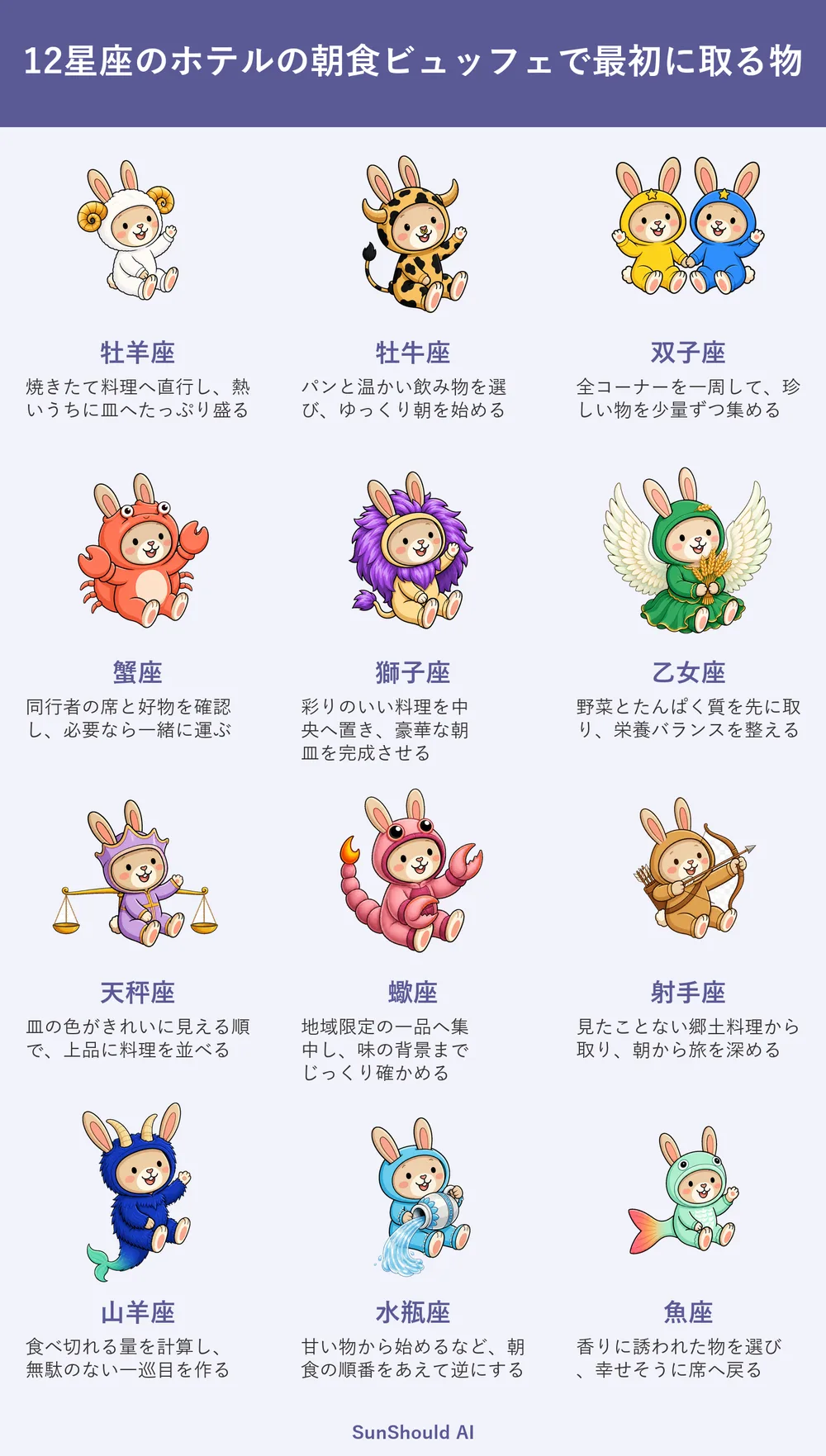 朝食ビュッフェの12星座あるある｜牡羊座は焼きたて、水瓶座は甘味から