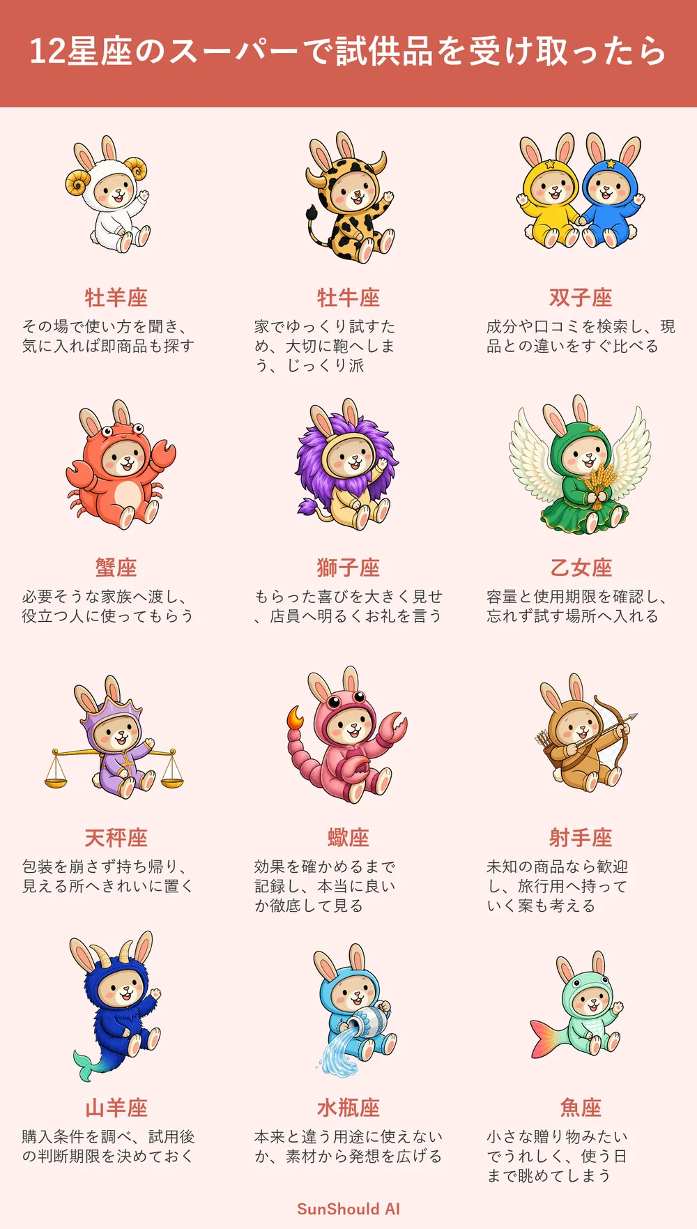 スーパーで試供品をもらう12星座あるある｜牡羊座は即調査、魚座は眺める