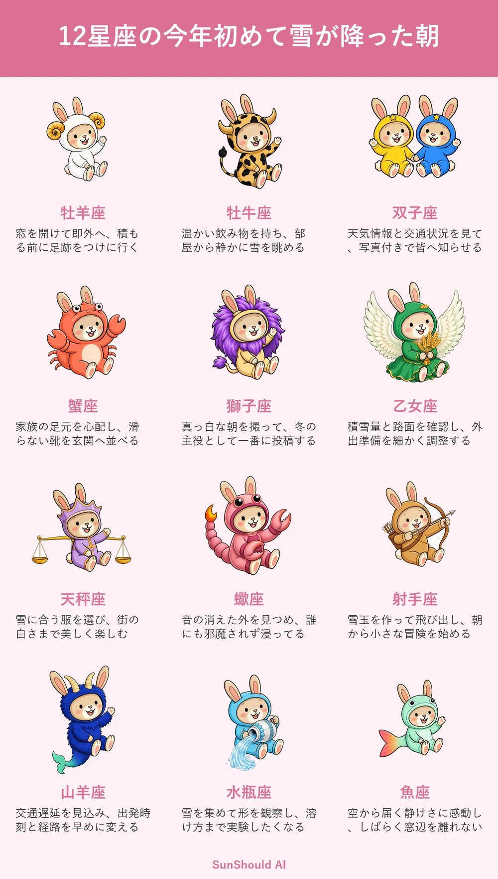 初雪の朝の12星座あるある｜牡羊座は外へ、魚座は窓辺に夢中