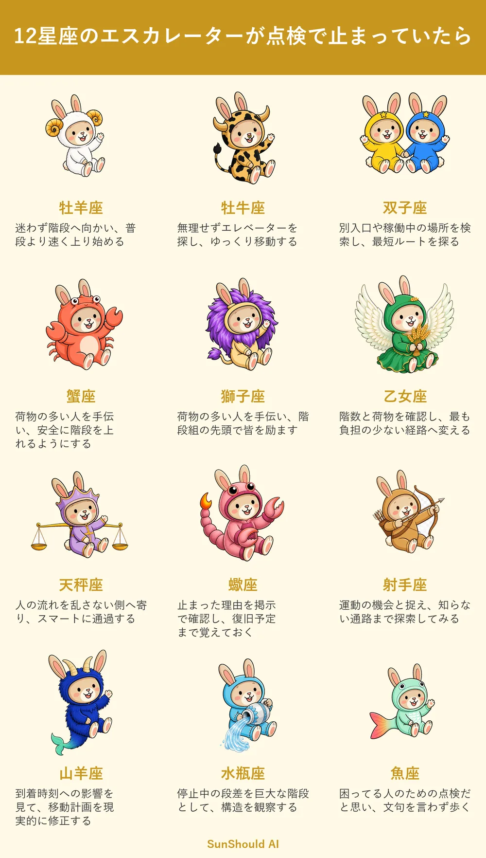 エスカレーター停止の12星座あるある｜牡羊座は階段、獅子座は先頭へ