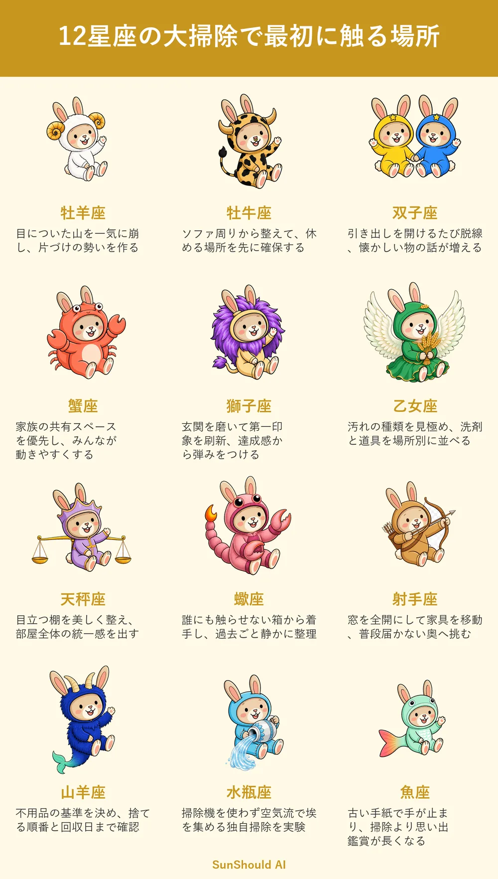 大掃除の始め方12星座あるある｜牡羊座は山を崩し、魚座は手紙で停止