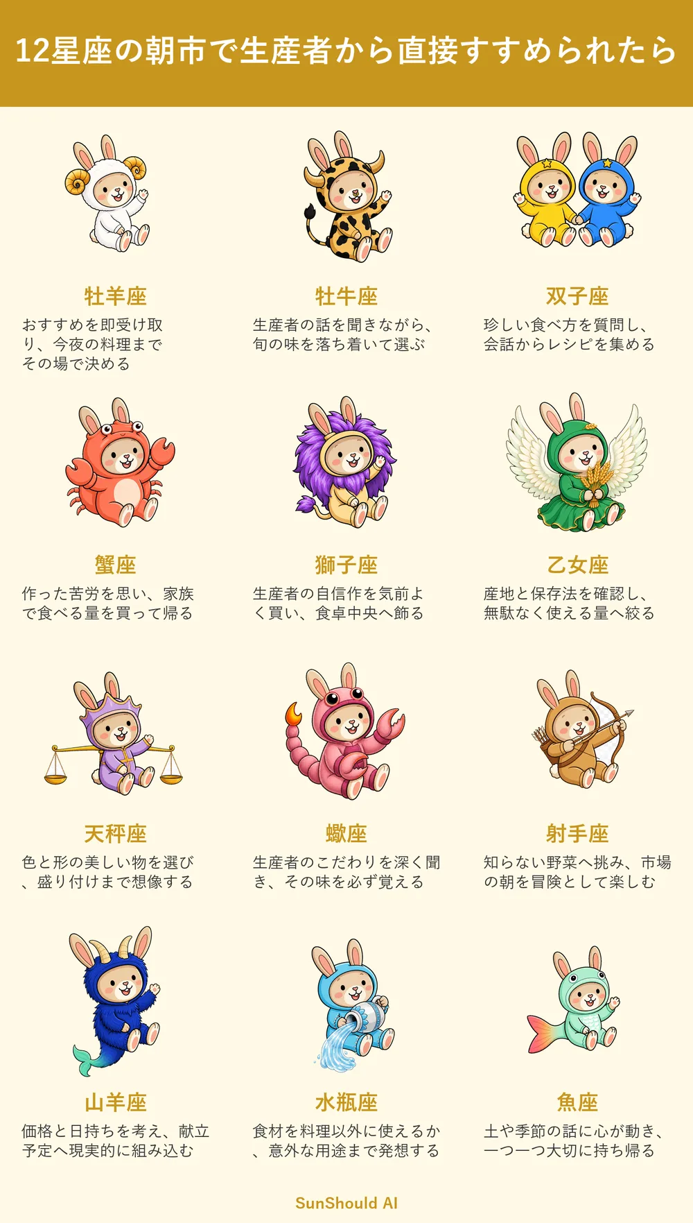 朝市で勧められる12星座あるある｜牡羊座は即購入、蠍座は深く聞く