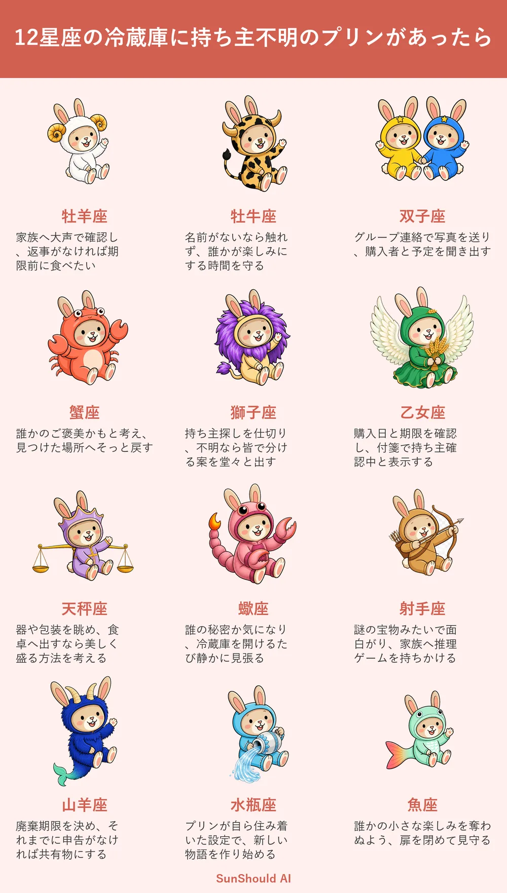 持ち主不明のプリンの12星座あるある｜蟹座はそっと戻し、射手座は推理を始める
