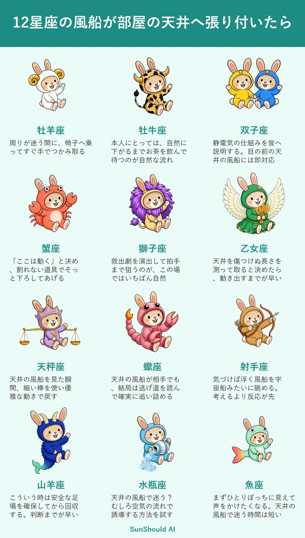 天井へ張り付いた風船の12星座あるある｜牡羊座は即回収、蠍座は逃げ道を読む