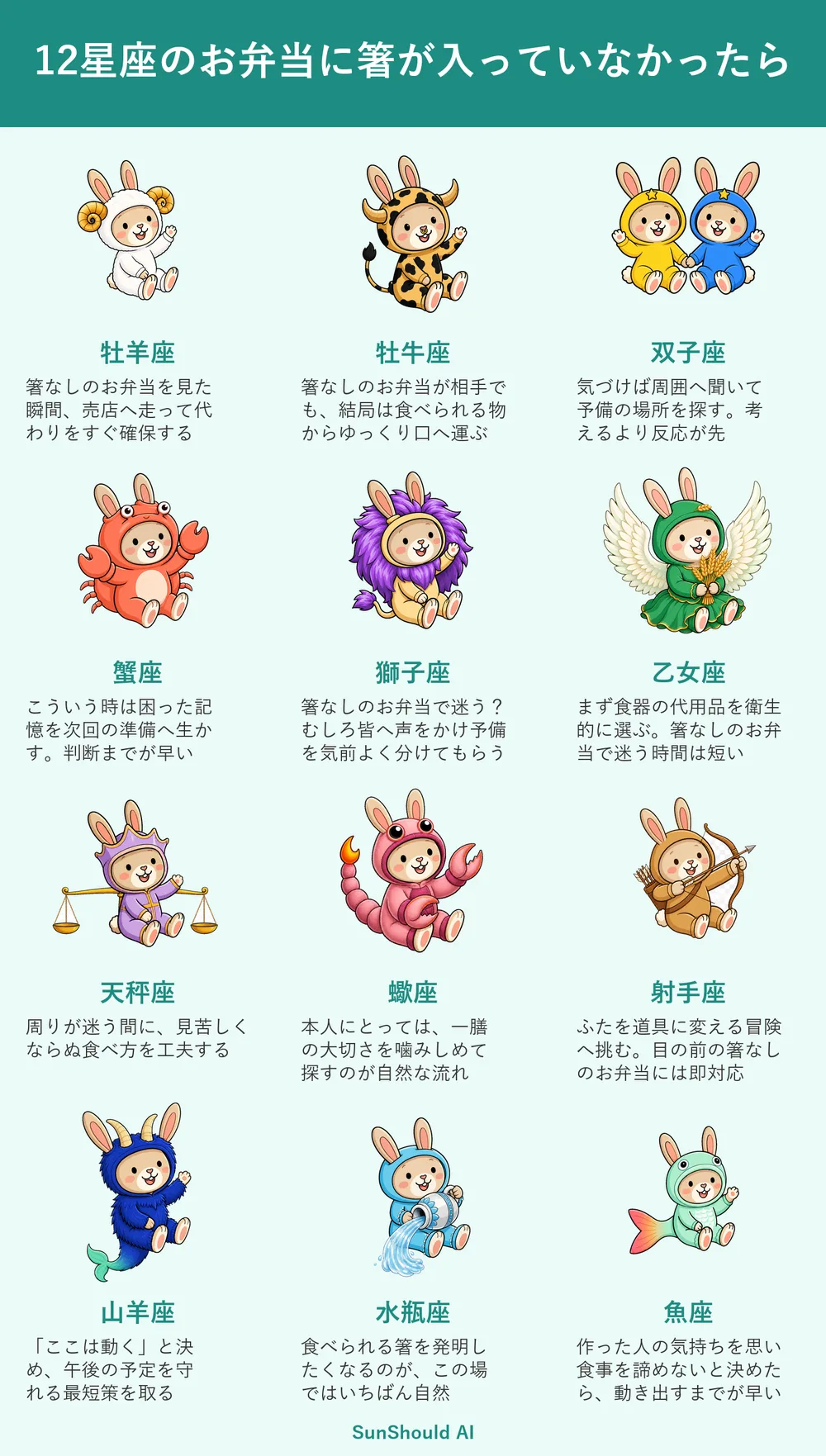 お弁当に箸がない12星座あるある｜牡羊座は売店へ、水瓶座は食べられる箸を発想