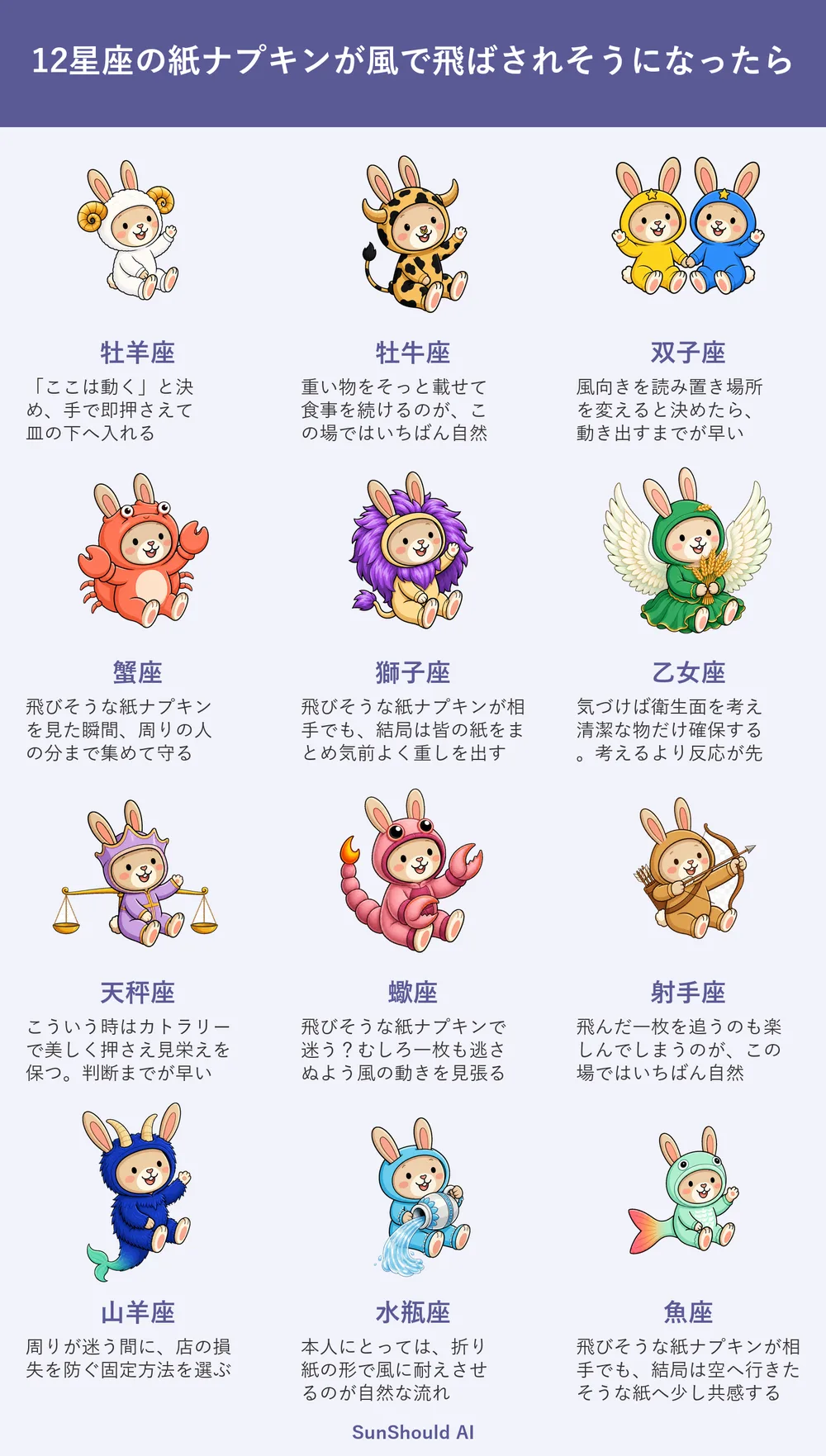 飛びそうな紙ナプキンの12星座あるある｜牡羊座は即押さえ、水瓶座は折って防ぐ
