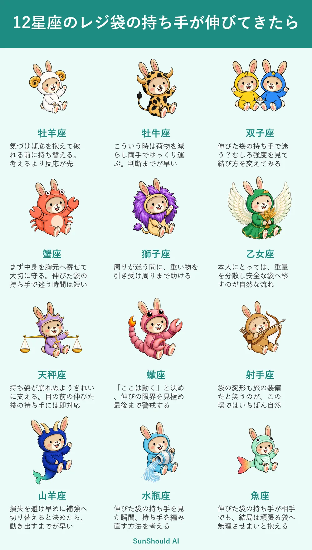 伸びたレジ袋の持ち手の12星座あるある｜牡羊座は即抱え、乙女座は重さを分散
