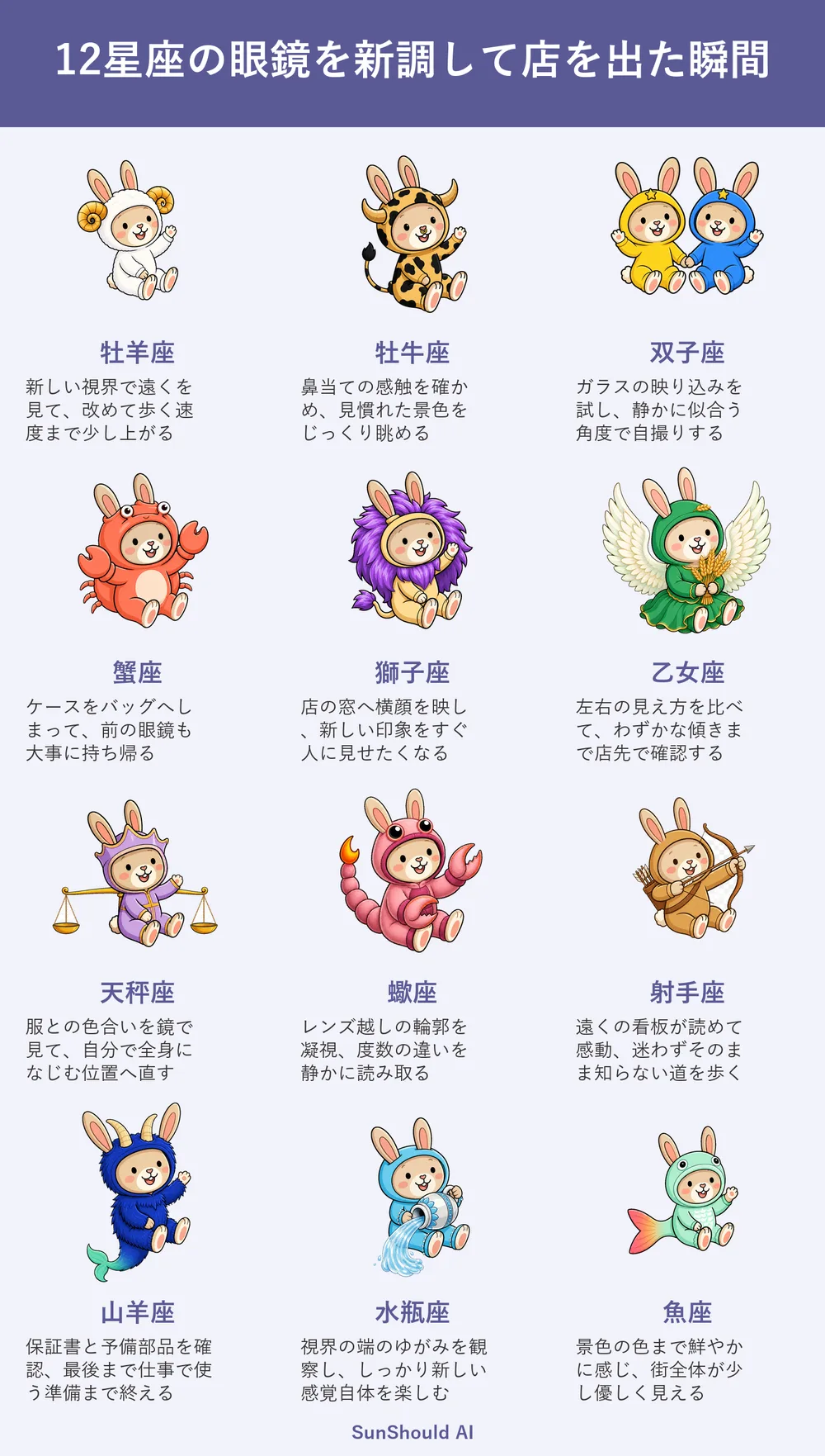 新しい眼鏡で店を出る12星座あるある｜牡羊座は速度上昇、蠍座は輪郭を凝視