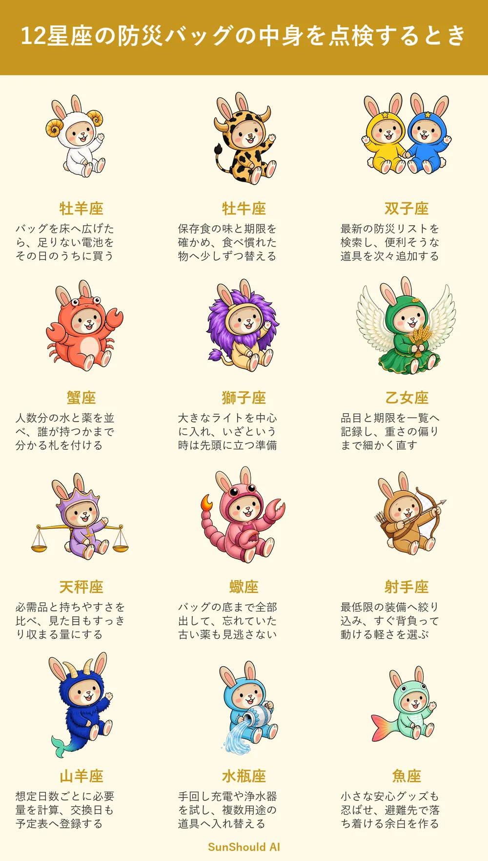 防災バッグ点検の12星座あるある｜牡羊座は即購入、蠍座は底まで確認