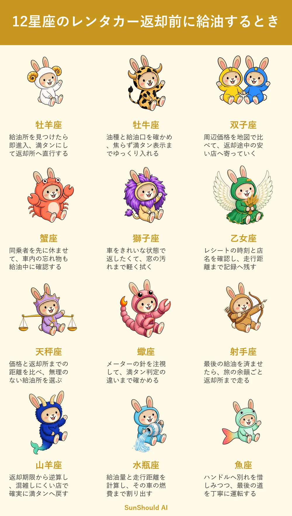 レンタカー返却前の給油の12星座あるある｜牡羊座は直行、水瓶座は燃費を算出