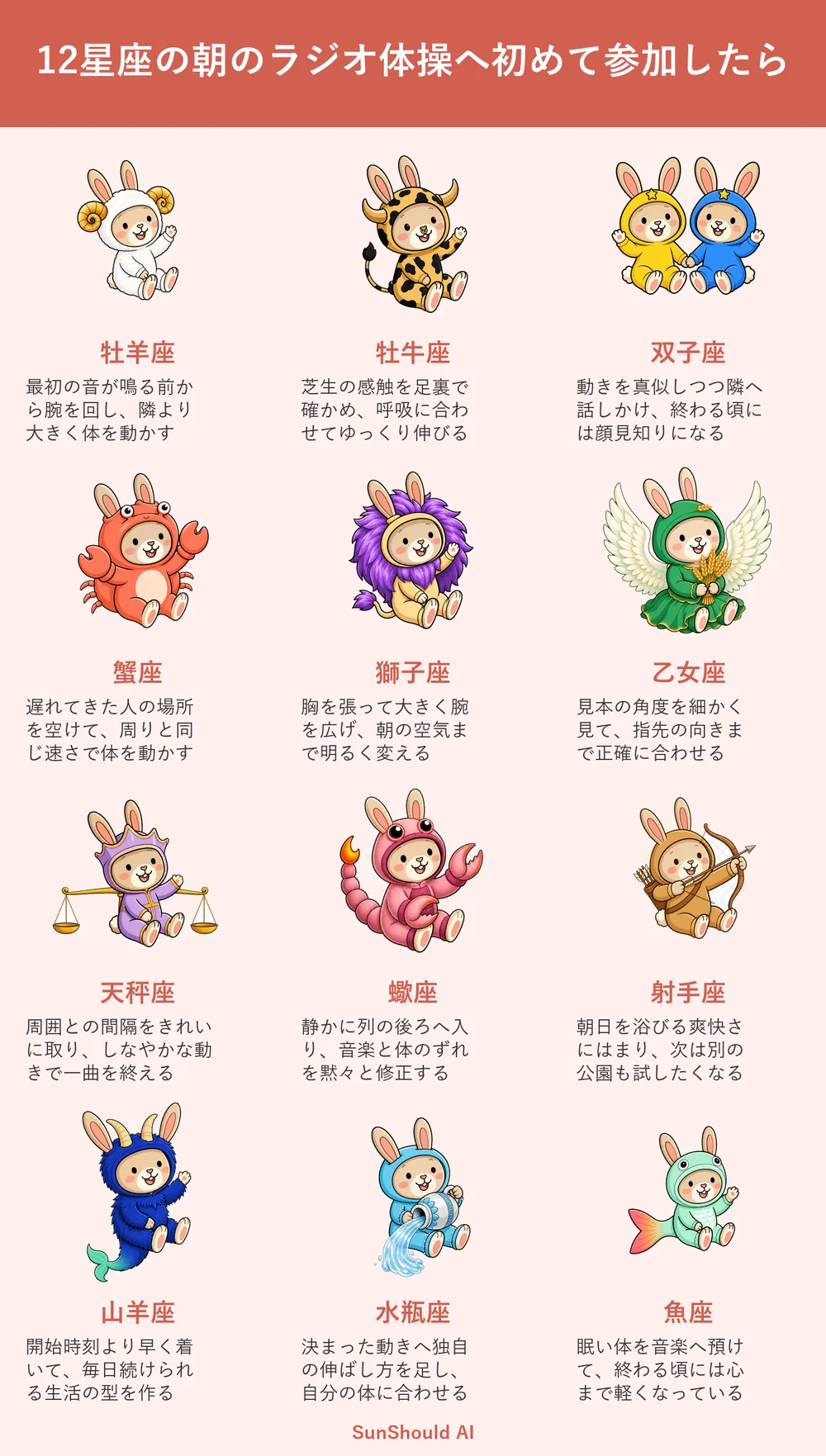 初のラジオ体操の12星座あるある｜牡羊座は大きく動き、蠍座は後列で修正