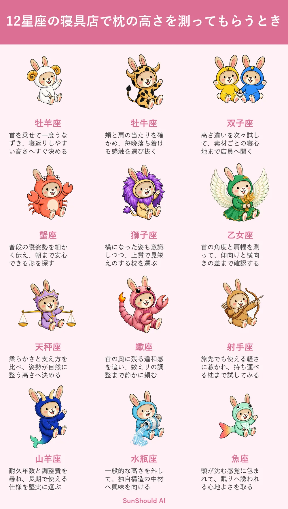 寝具店で枕の高さを測ってもらうときの12星座あるある｜即決の牡羊座と微調整の蠍座