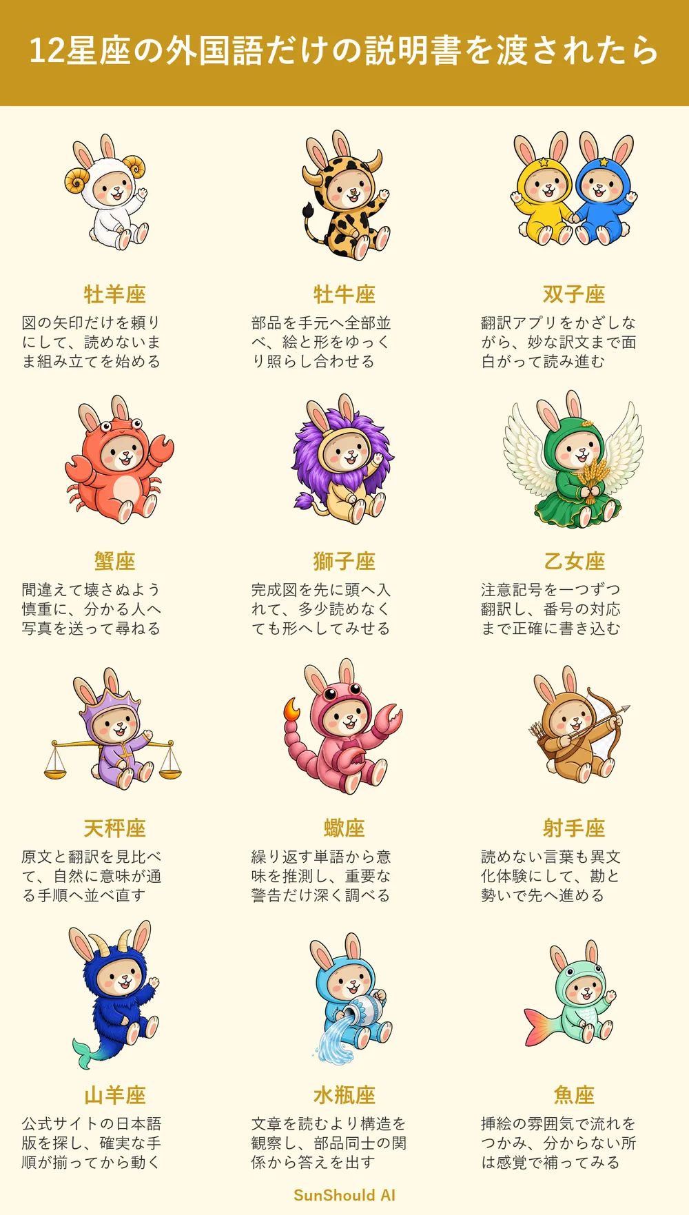 外国語だけの説明書を渡されたらの12星座あるある｜進める牡羊座と訳す乙女座