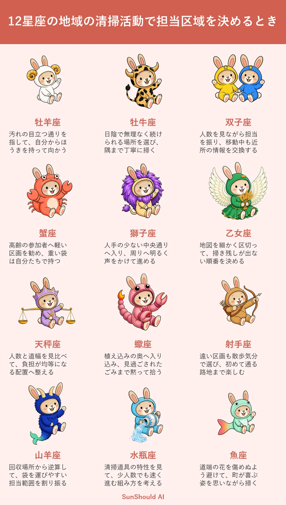 地域の清掃活動で担当区域を決めるときの12星座あるある｜先陣の牡羊座と均等な天秤座