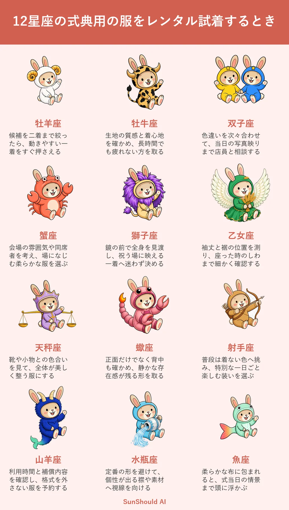 式典用の服をレンタル試着するときの12星座あるある｜牡羊座は即決、天秤座は調和