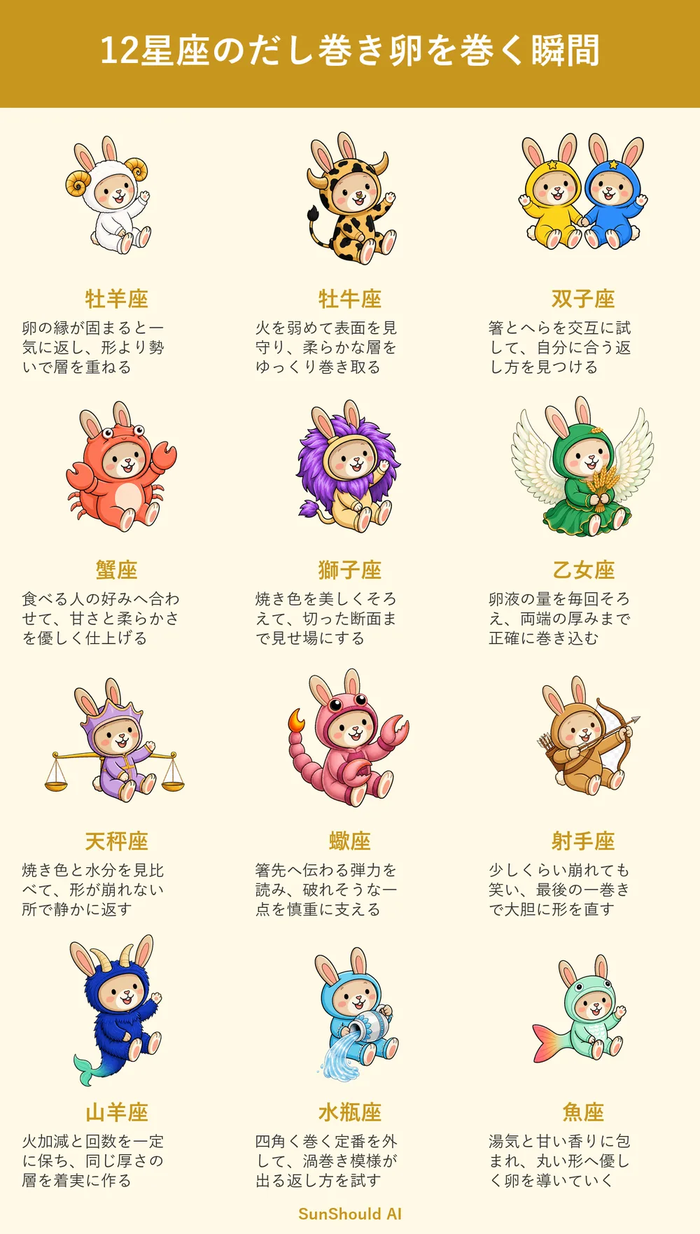 だし巻き卵を巻く瞬間の12星座あるある｜牡羊座は勢い、乙女座は正確