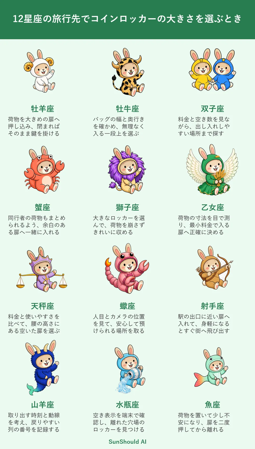 旅行先でコインロッカーの大きさを選ぶときの12星座あるある｜牡羊座は即決