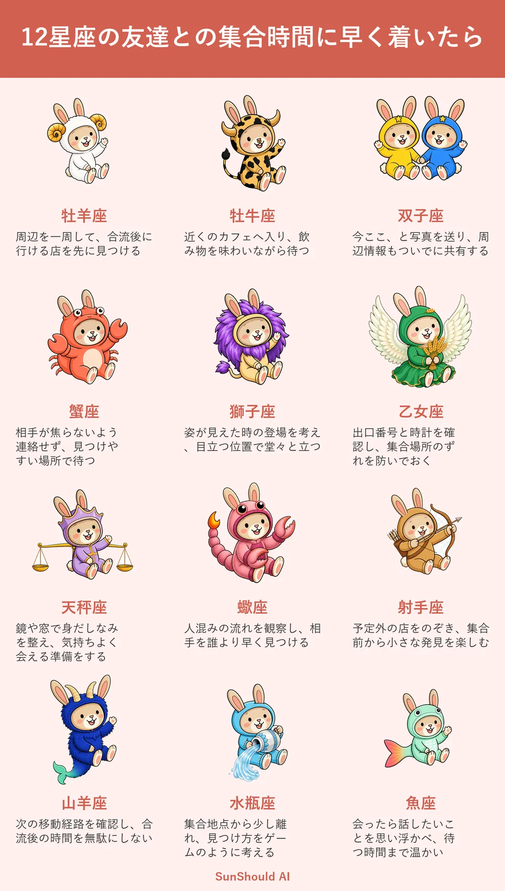 集合時間より早く着く12星座あるある｜牡羊座は周辺調査、魚座は会話を想像