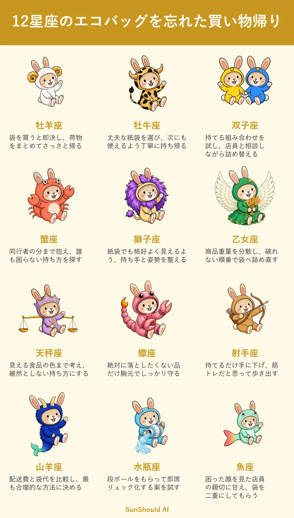 エコバッグ忘れの12星座あるある｜牡羊座は袋購入、水瓶座は箱を改造