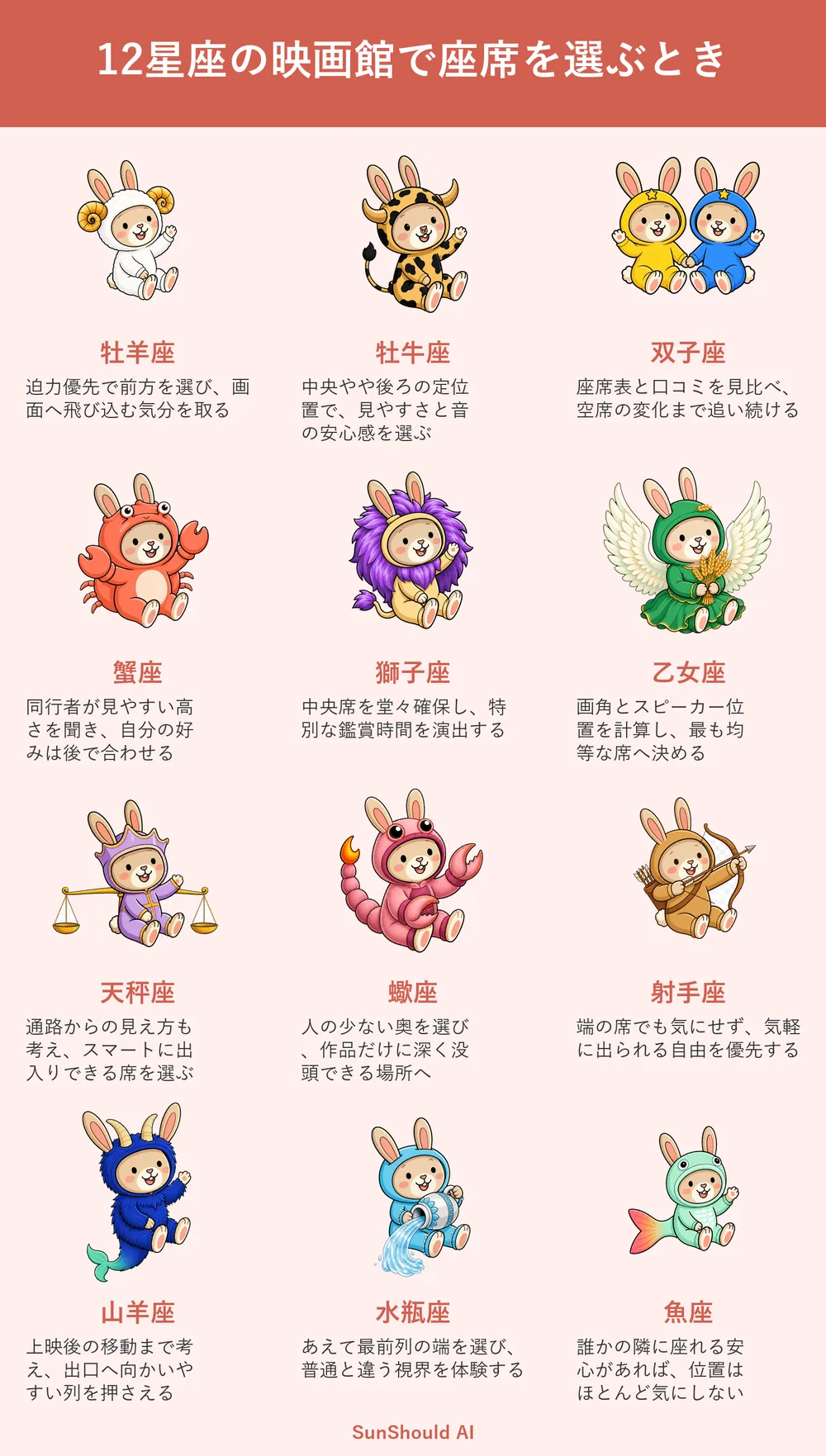 映画館の座席選び12星座あるある｜牡羊座は前方、蠍座は人の少ない奥